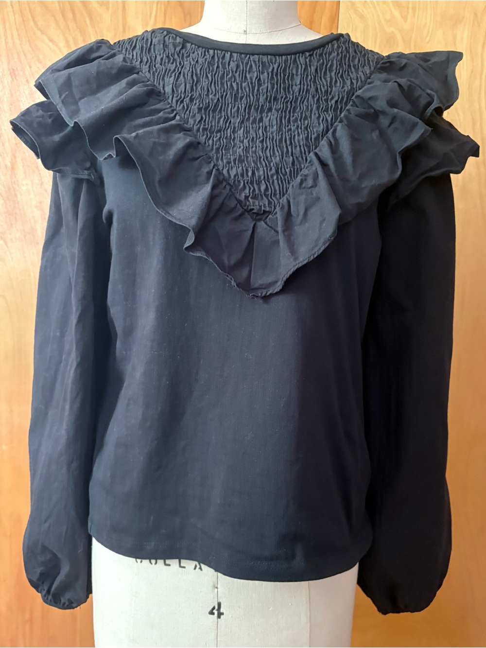 River Island Black Smocked Ruffle Blouse M Fits Like Tag UK10 EUR36